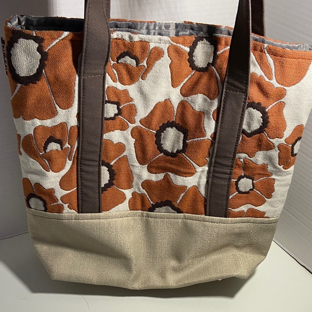 Floral Canvas Tote Bag - Russet-Orange and Cream